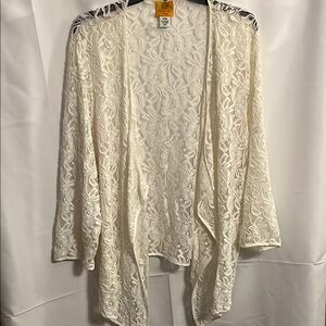 Ruby Rd. White Lace Cardigan with Open Front and Long Sleeves